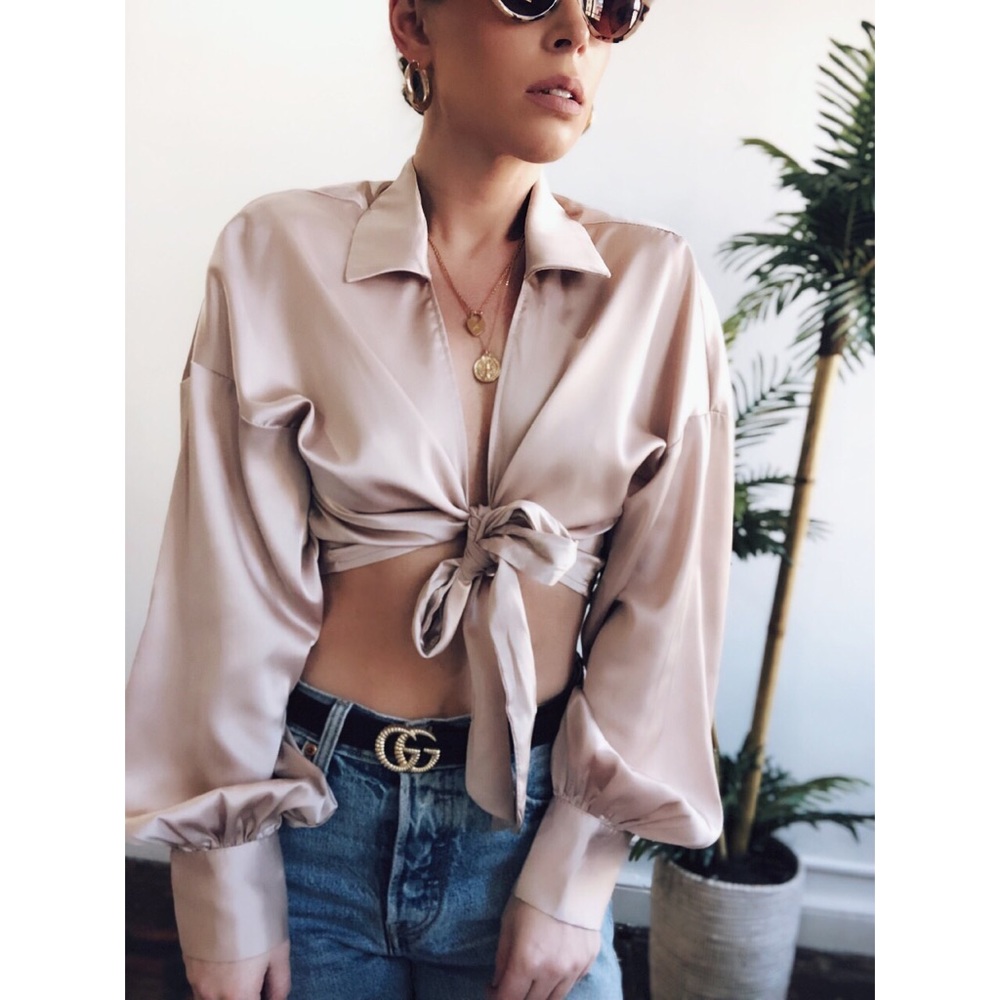 Last 1✨Zeal Nude Satin Puff Sleeve Crop Top - Picture 8 of 8